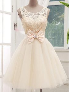 Champagne Sleeveless Lace and Bowknot Knee Length Court Dresses for Sweet 16