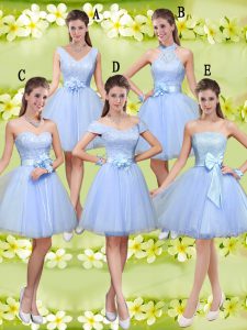 Lavender Tulle Lace Up V-neck Sleeveless Knee Length Quinceanera Dama Dress Lace and Belt