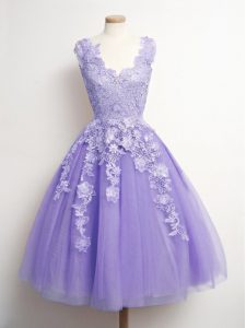Great Lavender Sleeveless Tulle Lace Up Dama Dress for Quinceanera for Prom and Party and Wedding Party