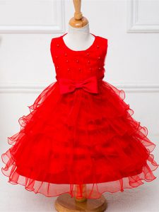 Red Sleeveless Ruffled Layers and Bowknot Tea Length Pageant Dress for Womens