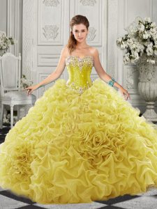 Charming Yellow Quinceanera Dress Military Ball and Sweet 16 and Quinceanera with Beading and Ruffles Sweetheart Sleeveless Court Train Lace Up