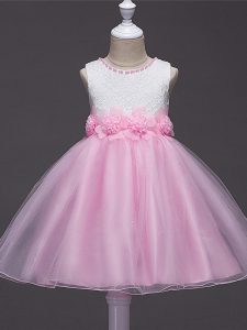 Baby Pink Tulle Zipper Little Girl Pageant Dress Sleeveless Knee Length Lace and Hand Made Flower