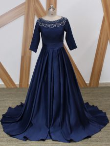 Elegant Scoop 3 4 Length Sleeve Mother of Bride Dresses Brush Train Beading Navy Blue Satin