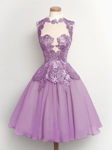 Stylish High-neck Sleeveless Lace Up Damas Dress Lilac Chiffon