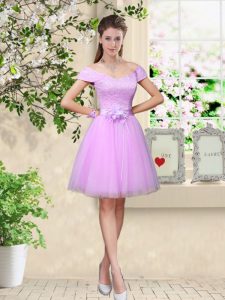 Best Cap Sleeves Knee Length Lace and Belt Lace Up Vestidos de Damas with Lilac