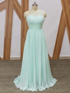 Sleeveless Chiffon Sweep Train Side Zipper Quinceanera Court Dresses in Apple Green with Ruching