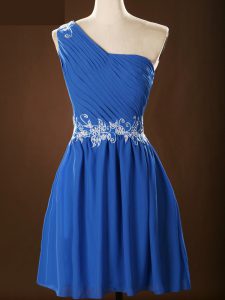 Blue Sleeveless Mini Length Appliques and Ruching Zipper Dama Dress