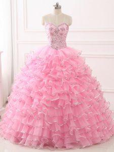 Modest Sweep Train Ball Gowns Quinceanera Dresses Baby Pink Sweetheart Organza Sleeveless Lace Up