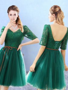 Lace Quinceanera Court Dresses Green Backless Half Sleeves Knee Length