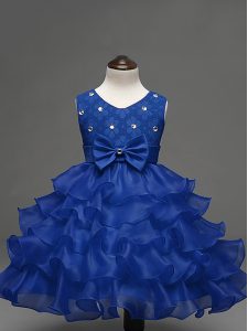Unique Royal Blue Scoop Neckline Lace and Ruffled Layers and Bowknot Pageant Dresses Sleeveless Zipper