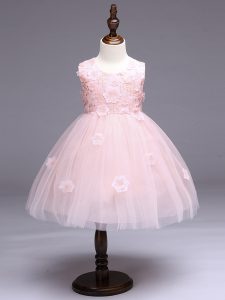 Tulle Scoop Sleeveless Zipper Appliques and Bowknot Little Girl Pageant Gowns in Baby Pink