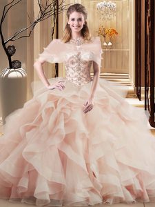 Low Price Peach 15 Quinceanera Dress Military Ball and Sweet 16 and Quinceanera with Beading and Ruffles Scoop Sleeveless Brush Train Lace Up