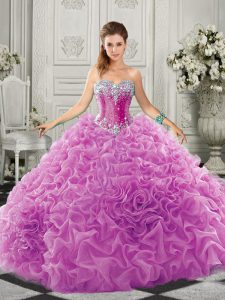 Glorious Sleeveless Beading and Ruffles Lace Up Ball Gown Prom Dress with Lilac Court Train