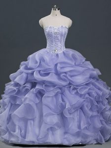 Trendy Lavender Organza Lace Up Quinceanera Dresses Sleeveless Floor Length Beading and Ruffles and Pick Ups