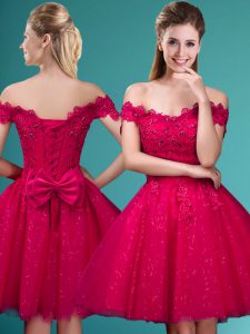 Red Tulle Lace Up Vestidos de Damas Cap Sleeves Knee Length Lace and Belt