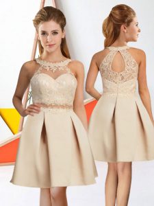 Champagne Damas Dress Prom and Party with Lace Halter Top Sleeveless Zipper