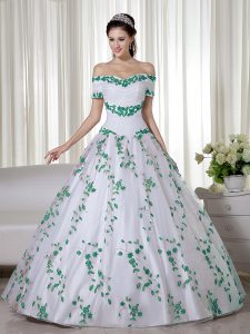 Fashionable Ball Gowns 15 Quinceanera Dress White Off The Shoulder Organza Short Sleeves Floor Length Lace Up