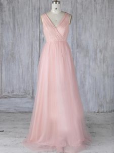 Baby Pink Zipper V-neck Lace Quinceanera Court Dresses Tulle Sleeveless