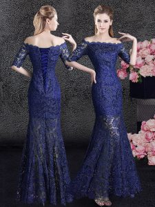 Mermaid Lace Off The Shoulder Half Sleeves Lace Up Lace Mother of Groom Dress in Navy Blue