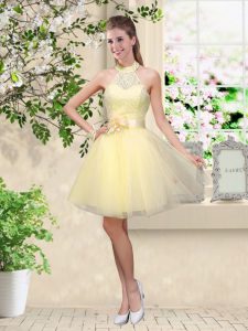 Designer Halter Top Sleeveless Quinceanera Court of Honor Dress Knee Length Lace and Belt Light Yellow Tulle