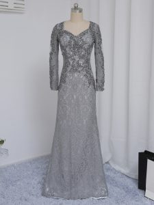 Grey Column/Sheath Sweetheart Long Sleeves Lace Floor Length Zipper Beading and Lace Mother of the Bride Dress