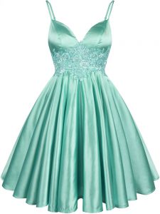 Apple Green Spaghetti Straps Lace Up Lace Dama Dress for Quinceanera Sleeveless