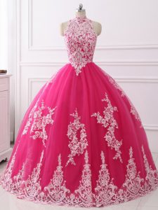 Hot Pink High-neck Zipper Lace 15th Birthday Dress Sleeveless