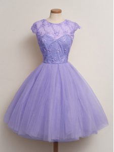 Best Cap Sleeves Knee Length Lace Lace Up Dama Dress for Quinceanera with Lavender