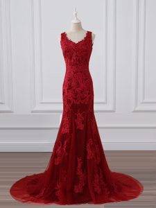 Red Mother of the Bride Dress Lace Brush Train Sleeveless Lace and Appliques