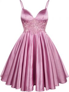 Lovely Sleeveless Elastic Woven Satin Knee Length Lace Up Quinceanera Court of Honor Dress in Lilac with Lace