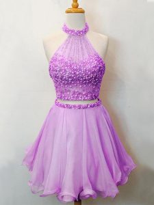 Beading Dama Dress for Quinceanera Lilac Lace Up Sleeveless Knee Length