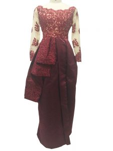 High Quality Burgundy Long Sleeves Lace and Appliques Floor Length Mother of Bride Dresses