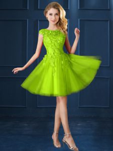 Ideal A-line Damas Dress Yellow Green Bateau Tulle Cap Sleeves Knee Length Lace Up