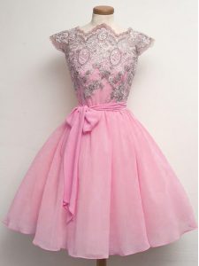 Inexpensive Knee Length Rose Pink Quinceanera Dama Dress Scalloped Cap Sleeves Lace Up