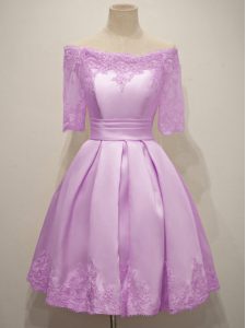 Lilac Lace Up Dama Dress Lace Half Sleeves Knee Length