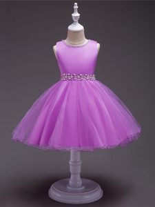 Nice Lilac Ball Gowns Scoop Sleeveless Organza Knee Length Zipper Beading Little Girl Pageant Dress
