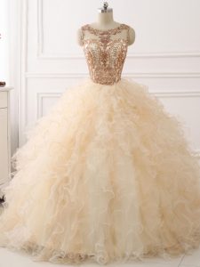 Sleeveless Organza Sweep Train Lace Up Quinceanera Dress in Champagne with Beading and Ruffles