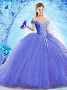Organza Off The Shoulder Sleeveless Brush Train Lace Up Beading Quinceanera Gowns in Blue