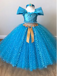 Fantastic Baby Blue Ball Gowns Off The Shoulder Cap Sleeves Tulle Floor Length Zipper Sequins and Belt Girls Pageant Dresses