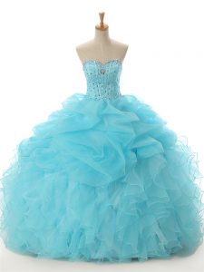 Great Organza Sweetheart Sleeveless Lace Up Beading and Ruffled Layers Ball Gown Prom Dress in Aqua Blue
