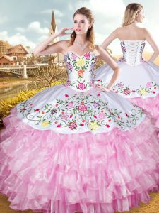 Custom Design Rose Pink Sweet 16 Dresses Military Ball and Sweet 16 and Quinceanera with Embroidery and Ruffled Layers Sweetheart Sleeveless Lace Up