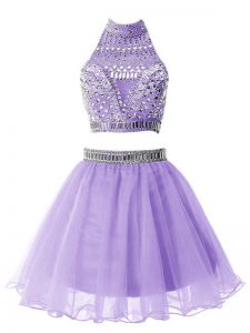 Custom Fit Lilac Zipper High-neck Beading Quinceanera Dama Dress Organza Sleeveless