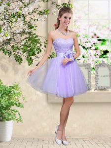Modest Sleeveless Knee Length Lace and Belt Lace Up Quinceanera Court of Honor Dress with Lilac