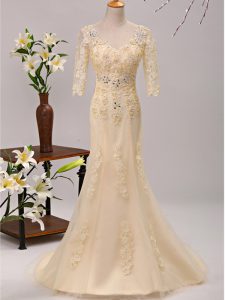 Fantastic V-neck 3 4 Length Sleeve Mother of the Bride Dress Brush Train Beading and Lace and Appliques Champagne Tulle