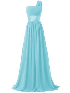 Trendy Aqua Blue Chiffon Lace Up Dama Dress Sleeveless Floor Length Ruching