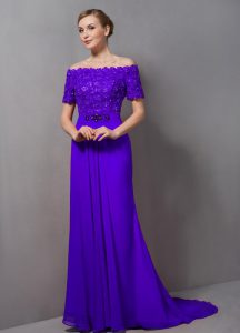 Zipper Mother of the Bride Dress Purple for Prom and Party with Lace Sweep Train