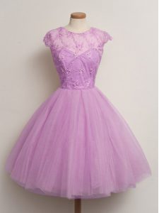 Excellent Tulle Cap Sleeves Knee Length Quinceanera Dama Dress and Lace