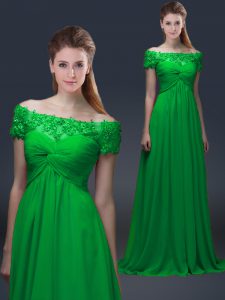 Unique Green Empire Chiffon Off The Shoulder Short Sleeves Appliques Floor Length Lace Up Mother of the Bride Dress