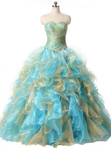 Sophisticated Sleeveless Organza Floor Length Lace Up Sweet 16 Dress in Multi-color with Beading and Ruffles