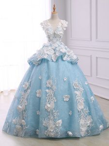 Luxurious Light Blue Lace Up Scoop Appliques Sweet 16 Quinceanera Dress Organza Sleeveless Court Train